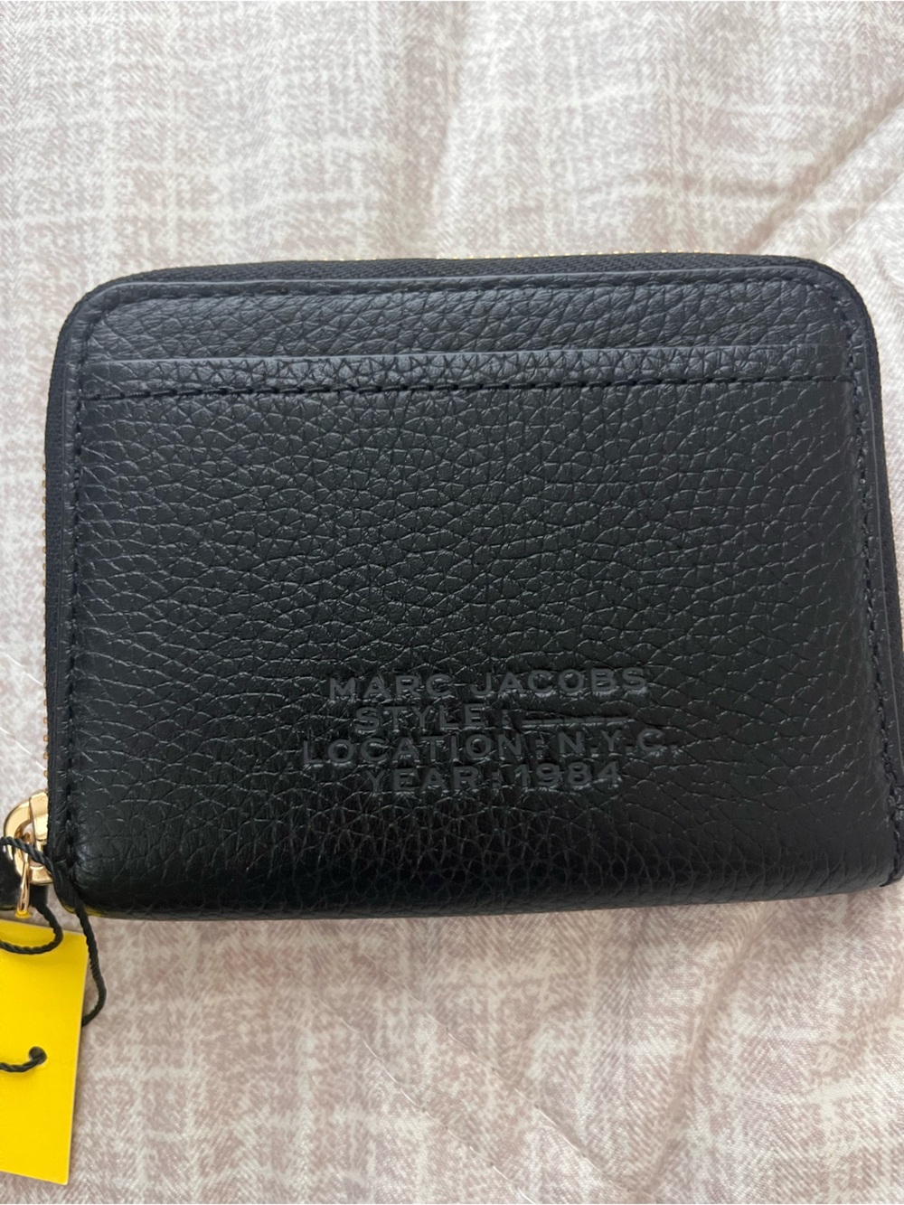 Marc Jacobs Black Pebbled Leather Zip Card Holder with Gold Hardware